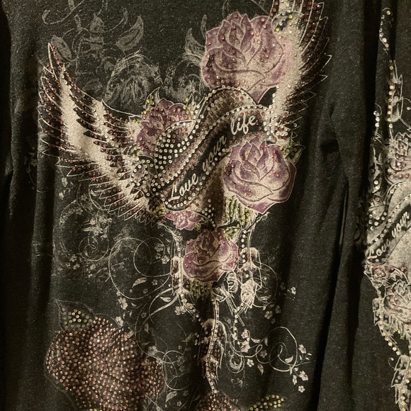 S-Twelve Dark Grey long sweater “Love your life” with rhinestones Wings & Roses - Picture 7 of 8